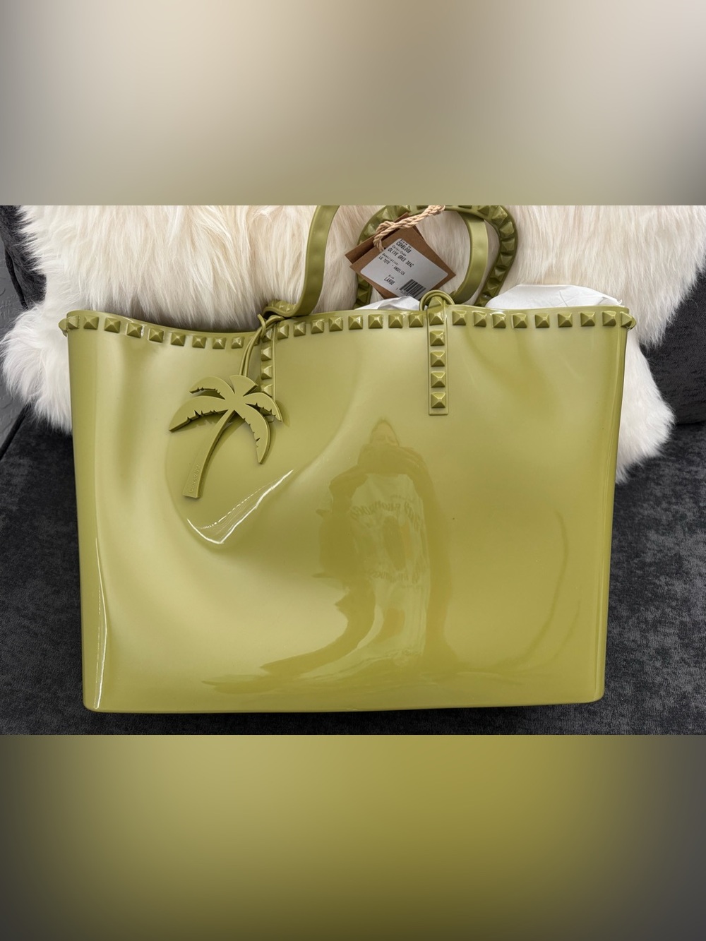 Carmen Del Sol Large Angelica Tote w/ palm tree charm in Olive green. NWT